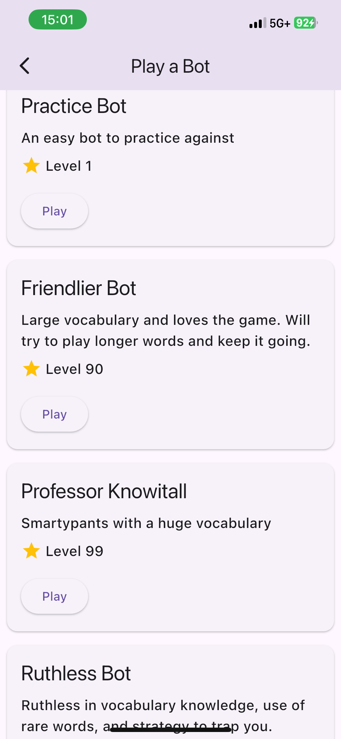 Screenshot of Completio showing a few available bots to play against