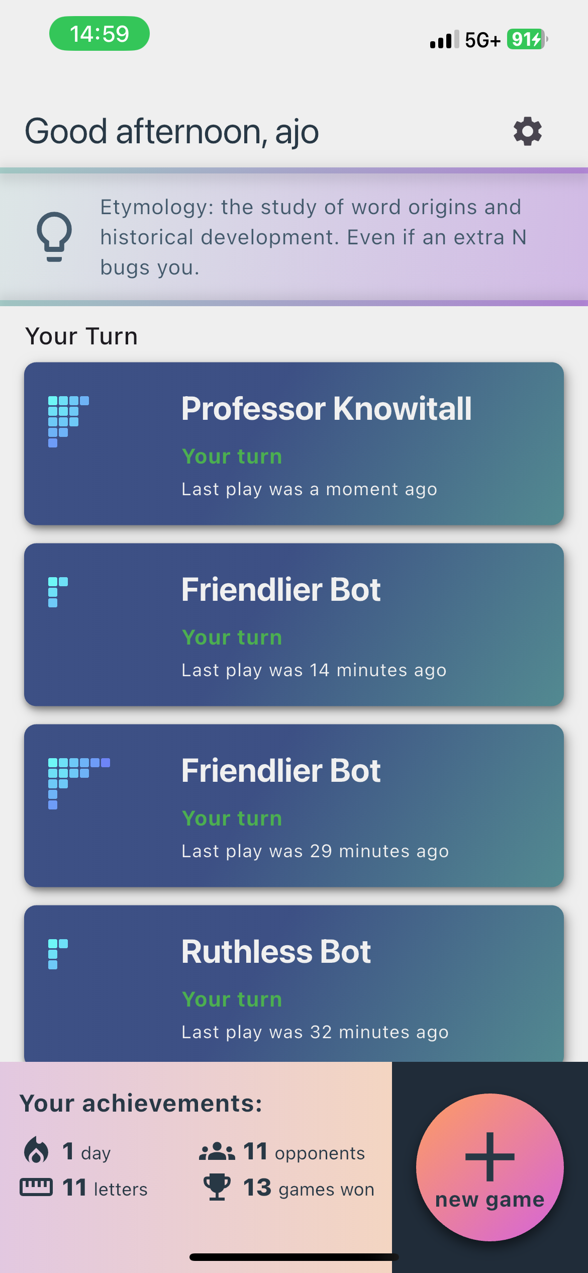 Screenshot of Completio showing the home page and list of games